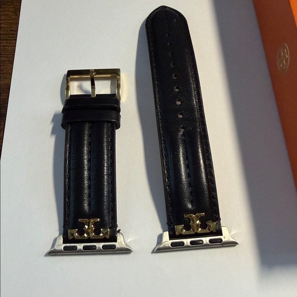 Tory Burch Kira Black Leather Watch Band with Gold Buckle - Picture 2 of 8